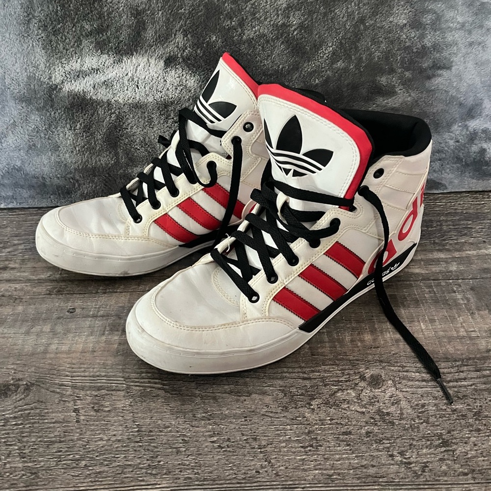 Adidas High-Top Sneakers with Red Stripes